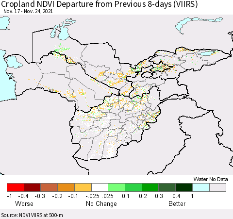 Central Asia Cropland NDVI Departure from Previous 8-days (VIIRS) Thematic Map For 11/17/2021 - 11/24/2021