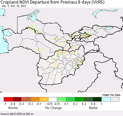 Central Asia Cropland NDVI Departure from Previous 8-days (VIIRS) Thematic Map For 12/3/2021 - 12/10/2021