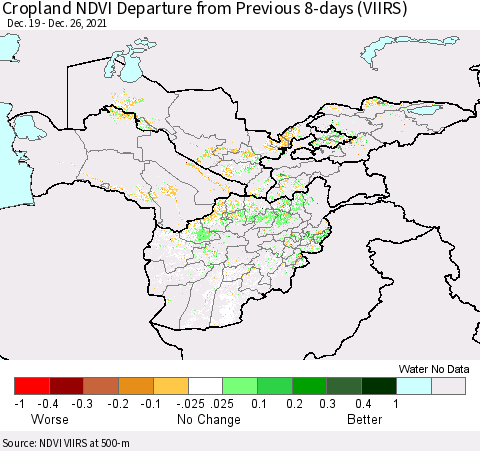 Central Asia Cropland NDVI Departure from Previous 8-days (VIIRS) Thematic Map For 12/19/2021 - 12/26/2021