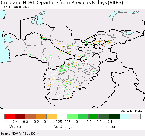 Central Asia Cropland NDVI Departure from Previous 8-days (VIIRS) Thematic Map For 1/1/2022 - 1/8/2022