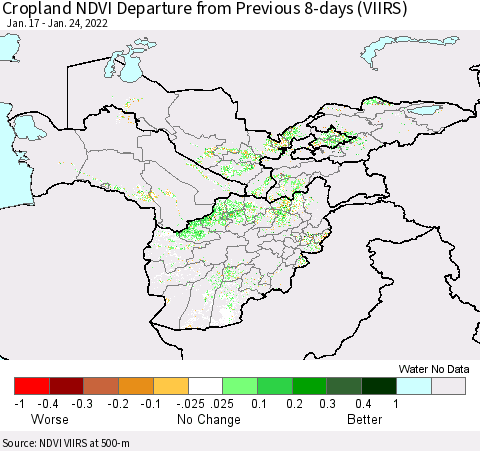 Central Asia Cropland NDVI Departure from Previous 8-days (VIIRS) Thematic Map For 1/17/2022 - 1/24/2022