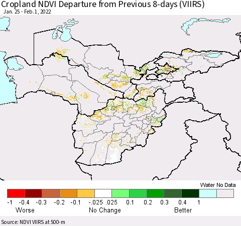 Central Asia Cropland NDVI Departure from Previous 8-days (VIIRS) Thematic Map For 1/25/2022 - 2/1/2022