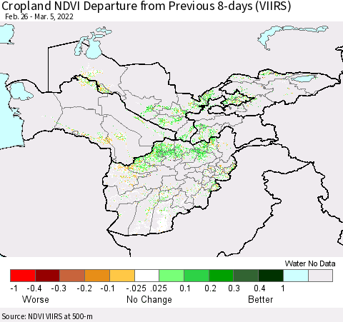 Central Asia Cropland NDVI Departure from Previous 8-days (VIIRS) Thematic Map For 2/26/2022 - 3/5/2022