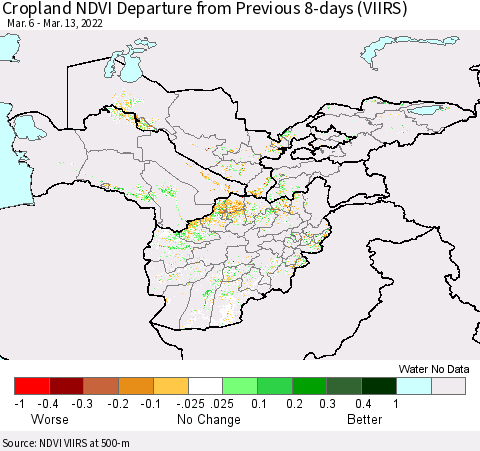 Central Asia Cropland NDVI Departure from Previous 8-days (VIIRS) Thematic Map For 3/6/2022 - 3/13/2022