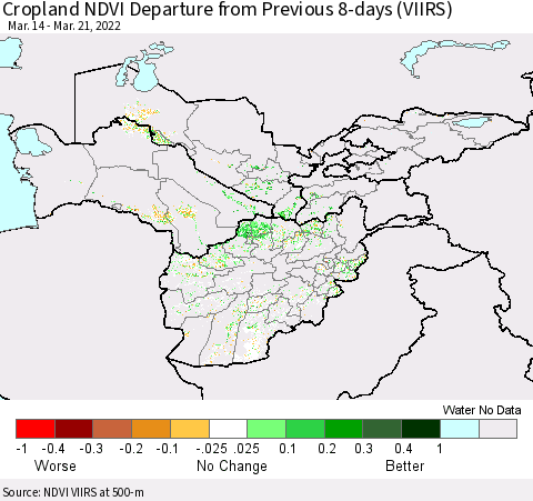 Central Asia Cropland NDVI Departure from Previous 8-days (VIIRS) Thematic Map For 3/14/2022 - 3/21/2022