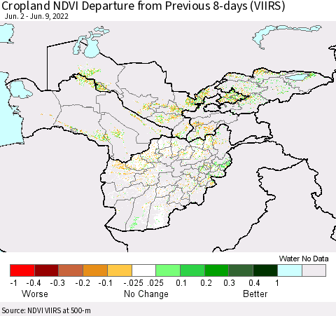 Central Asia Cropland NDVI Departure from Previous 8-days (VIIRS) Thematic Map For 6/2/2022 - 6/9/2022