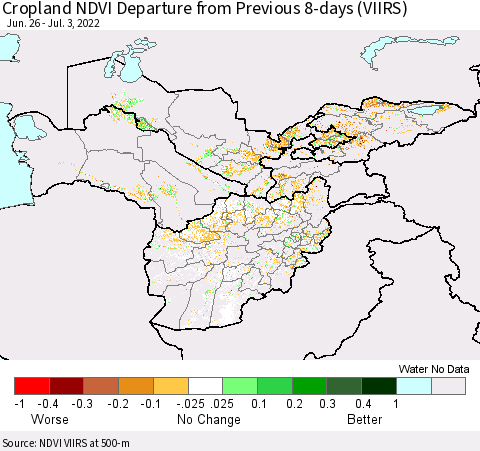 Central Asia Cropland NDVI Departure from Previous 8-days (VIIRS) Thematic Map For 6/26/2022 - 7/3/2022