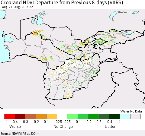 Central Asia Cropland NDVI Departure from Previous 8-days (VIIRS) Thematic Map For 8/21/2022 - 8/28/2022
