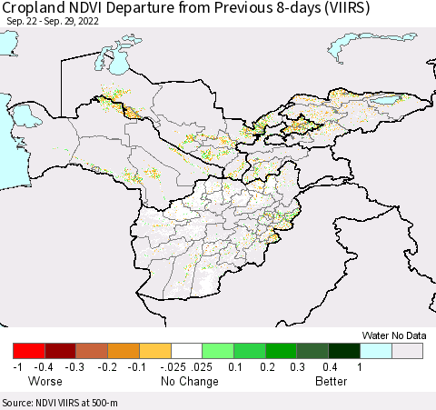 Central Asia Cropland NDVI Departure from Previous 8-days (VIIRS) Thematic Map For 9/22/2022 - 9/29/2022