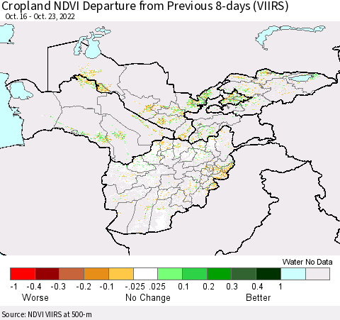 Central Asia Cropland NDVI Departure from Previous 8-days (VIIRS) Thematic Map For 10/16/2022 - 10/23/2022