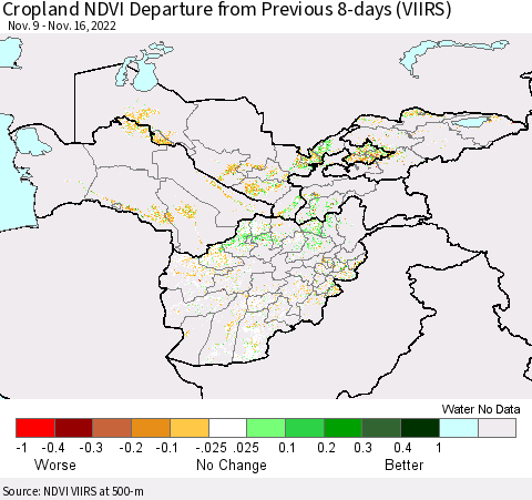 Central Asia Cropland NDVI Departure from Previous 8-days (VIIRS) Thematic Map For 11/9/2022 - 11/16/2022