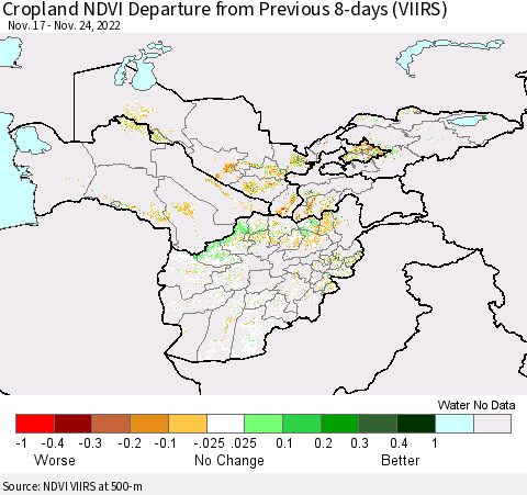 Central Asia Cropland NDVI Departure from Previous 8-days (VIIRS) Thematic Map For 11/17/2022 - 11/24/2022