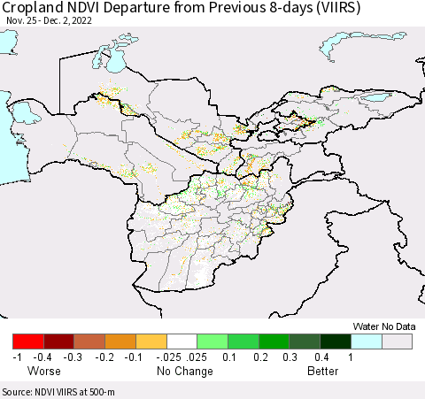 Central Asia Cropland NDVI Departure from Previous 8-days (VIIRS) Thematic Map For 11/25/2022 - 12/2/2022