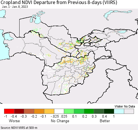 Central Asia Cropland NDVI Departure from Previous 8-days (VIIRS) Thematic Map For 1/1/2023 - 1/8/2023