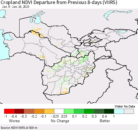 Central Asia Cropland NDVI Departure from Previous 8-days (VIIRS) Thematic Map For 1/9/2023 - 1/16/2023