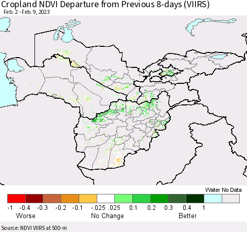 Central Asia Cropland NDVI Departure from Previous 8-days (VIIRS) Thematic Map For 2/2/2023 - 2/9/2023