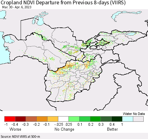 Central Asia Cropland NDVI Departure from Previous 8-days (VIIRS) Thematic Map For 3/30/2023 - 4/6/2023