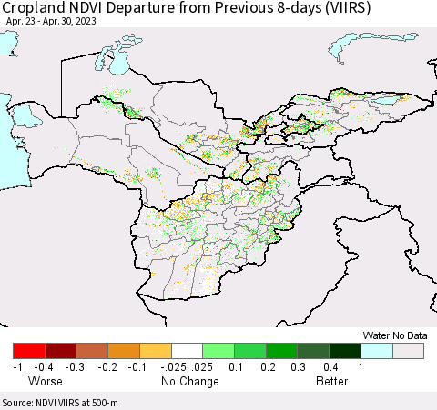 Central Asia Cropland NDVI Departure from Previous 8-days (VIIRS) Thematic Map For 4/23/2023 - 4/30/2023