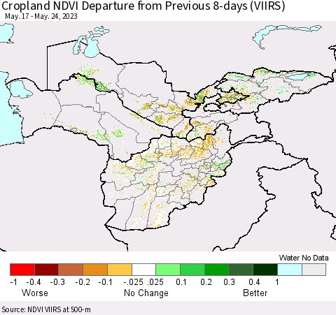 Central Asia Cropland NDVI Departure from Previous 8-days (VIIRS) Thematic Map For 5/17/2023 - 5/24/2023