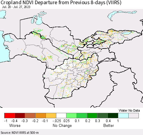 Central Asia Cropland NDVI Departure from Previous 8-days (VIIRS) Thematic Map For 7/20/2023 - 7/27/2023