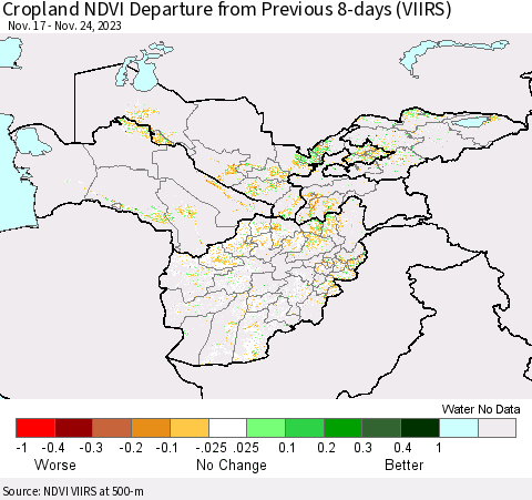 Central Asia Cropland NDVI Departure from Previous 8-days (VIIRS) Thematic Map For 11/17/2023 - 11/24/2023