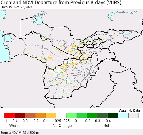 Central Asia Cropland NDVI Departure from Previous 8-days (VIIRS) Thematic Map For 12/19/2023 - 12/26/2023