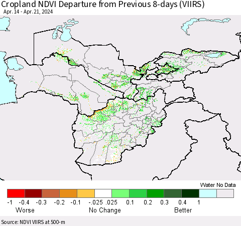 Central Asia Cropland NDVI Departure from Previous 8-days (VIIRS) Thematic Map For 4/14/2024 - 4/21/2024