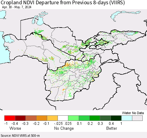 Central Asia Cropland NDVI Departure from Previous 8-days (VIIRS) Thematic Map For 4/30/2024 - 5/7/2024