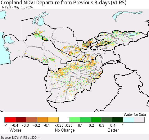 Central Asia Cropland NDVI Departure from Previous 8-days (VIIRS) Thematic Map For 5/8/2024 - 5/15/2024