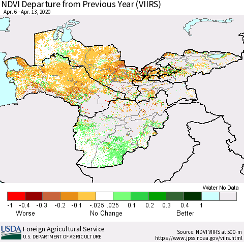 Central Asia NDVI Departure from Previous Year (VIIRS) Thematic Map For 4/11/2020 - 4/20/2020