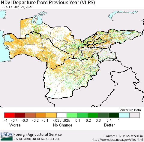 Central Asia NDVI Departure from Previous Year (VIIRS) Thematic Map For 6/21/2020 - 6/30/2020