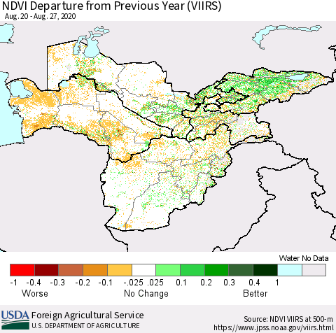 Central Asia NDVI Departure from Previous Year (VIIRS) Thematic Map For 8/21/2020 - 8/31/2020