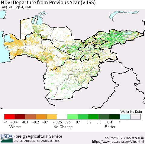 Central Asia NDVI Departure from Previous Year (VIIRS) Thematic Map For 9/1/2020 - 9/10/2020