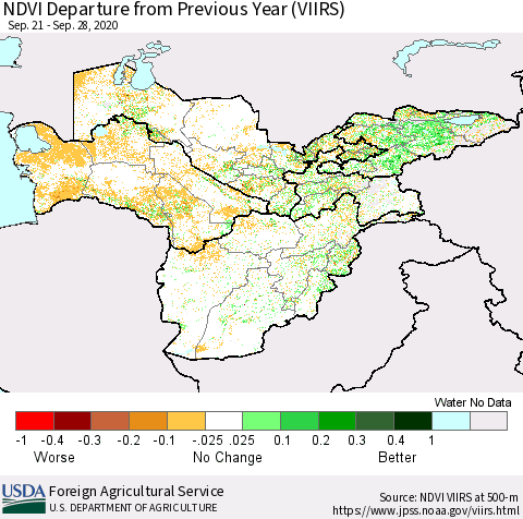 Central Asia NDVI Departure from Previous Year (VIIRS) Thematic Map For 9/21/2020 - 9/30/2020