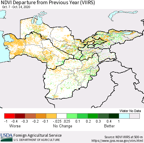 Central Asia NDVI Departure from Previous Year (VIIRS) Thematic Map For 10/11/2020 - 10/20/2020