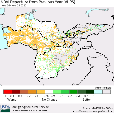 Central Asia NDVI Departure from Previous Year (VIIRS) Thematic Map For 11/21/2020 - 11/30/2020