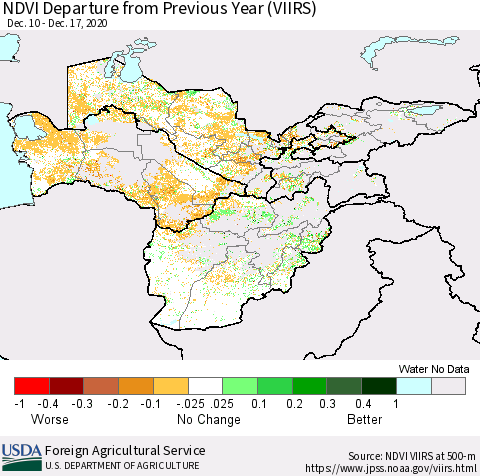 Central Asia NDVI Departure from Previous Year (VIIRS) Thematic Map For 12/11/2020 - 12/20/2020