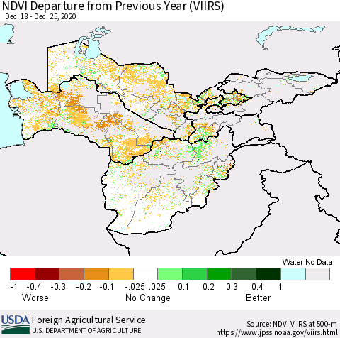 Central Asia NDVI Departure from Previous Year (VIIRS) Thematic Map For 12/21/2020 - 12/31/2020