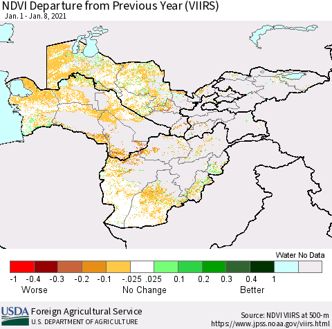 Central Asia NDVI Departure from Previous Year (VIIRS) Thematic Map For 1/1/2021 - 1/10/2021