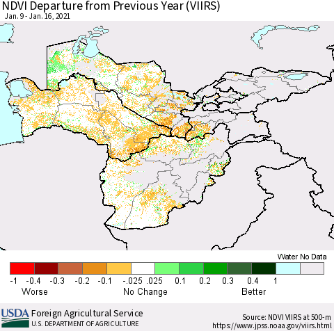 Central Asia NDVI Departure from Previous Year (VIIRS) Thematic Map For 1/11/2021 - 1/20/2021