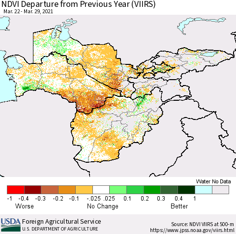 Central Asia NDVI Departure from Previous Year (VIIRS) Thematic Map For 3/21/2021 - 3/31/2021