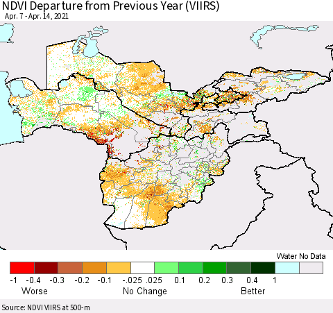 Central Asia NDVI Departure from Previous Year (VIIRS) Thematic Map For 4/7/2021 - 4/14/2021