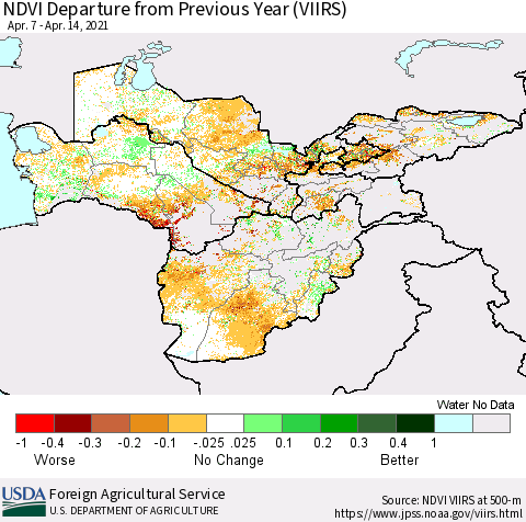 Central Asia NDVI Departure from Previous Year (VIIRS) Thematic Map For 4/11/2021 - 4/20/2021