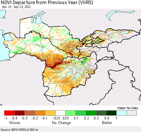 Central Asia NDVI Departure from Previous Year (VIIRS) Thematic Map For 4/15/2021 - 4/22/2021