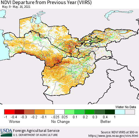 Central Asia NDVI Departure from Previous Year (VIIRS) Thematic Map For 5/11/2021 - 5/20/2021