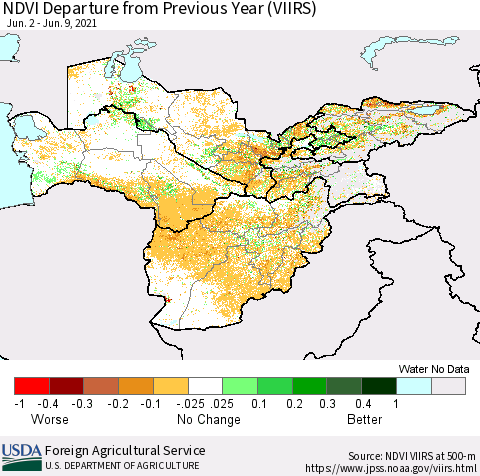 Central Asia NDVI Departure from Previous Year (VIIRS) Thematic Map For 6/1/2021 - 6/10/2021