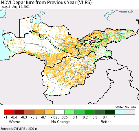 Central Asia NDVI Departure from Previous Year (VIIRS) Thematic Map For 8/5/2021 - 8/12/2021