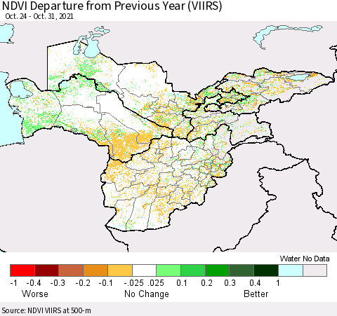 Central Asia NDVI Departure from Previous Year (VIIRS) Thematic Map For 10/21/2021 - 10/31/2021