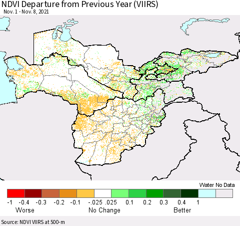 Central Asia NDVI Departure from Previous Year (VIIRS) Thematic Map For 11/1/2021 - 11/8/2021