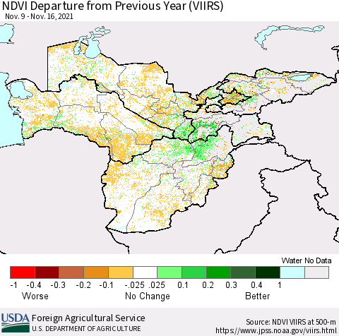 Central Asia NDVI Departure from Previous Year (VIIRS) Thematic Map For 11/11/2021 - 11/20/2021